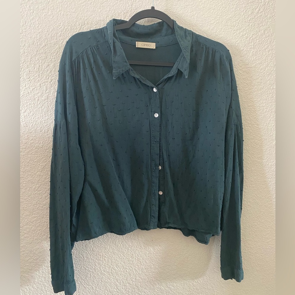 Forest Green Clip Dot Pattern Button Down Longsleeve Shirt Top Blouse - Picture 2 of 7